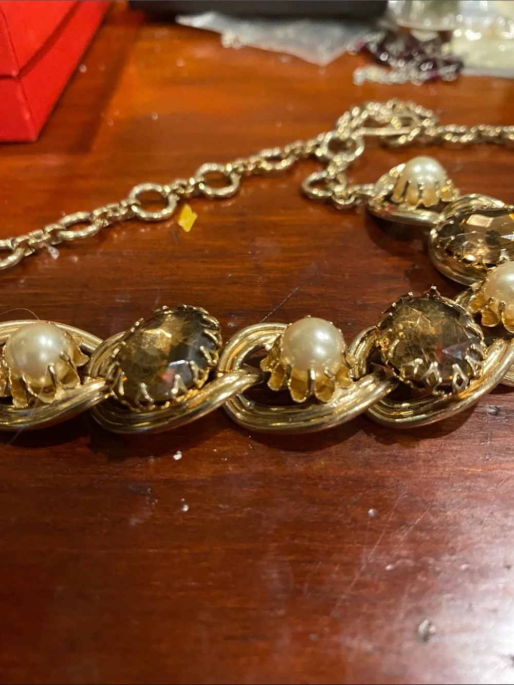Gold-Tone Pearl and Amber Crystal Statement Necklace